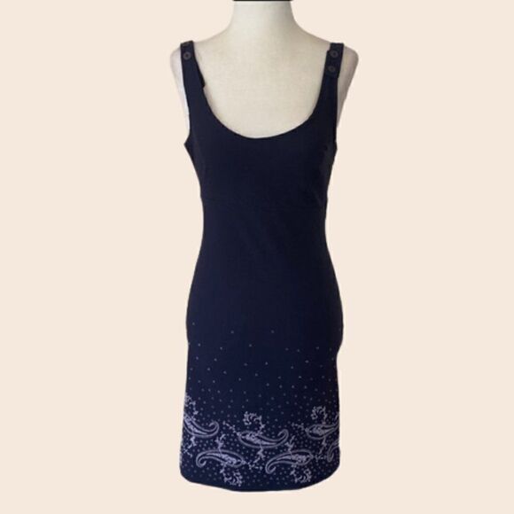 Vintage 90's Navy Fitted Mini Dress with Paisley Glitter Print Size Small - Picture 1 of 13